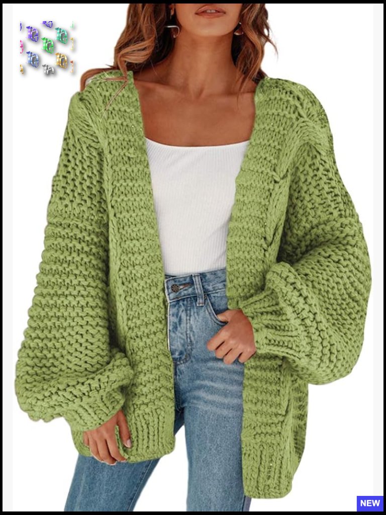 Open Front Chunky Knit Cardigan Oversized Lantern Sleeve Loose Fit Sweater